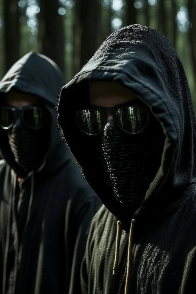 terrifying hooded creatures wearing dark glasses hiding in the woods