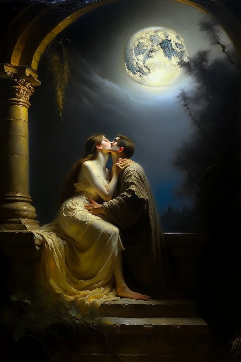 Oil painting kiss under the moonlight in ancient times