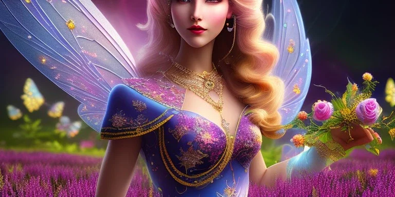 bright fairy, beautiful portrait, flowery landscape