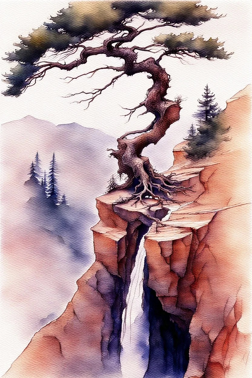 aspect ratio is Portrait, Edward Wesson, Dante Gabriel Rossetti, Pino Daeni, watercolor, wet on wet, splash fast strokes, Gnarled pine trees on the edge of a precipice looking down into a canyon, Brian Froud style, wet blurry watercolor