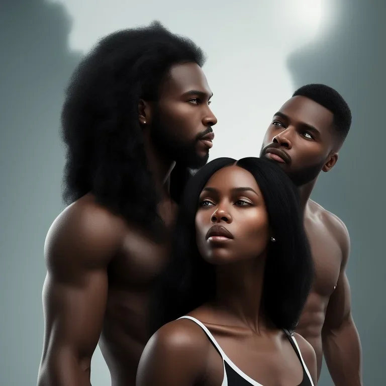 Beautiful black woman with long black hair standing next to white handsome dark haired muscular man, fantasy, ethereal, soft lighting, realistic lighting, HD 8K