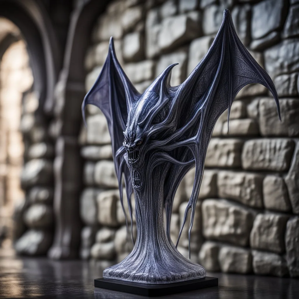 giger escher bat illithid sculpture in transparent murano glass in front of stone wall,bokeh like f/0.8, tilt-shift lens 8k, high detail, smooth render, down-light, unreal engine,bokeh like f/0.8, tilt-shift lens 8k, high detail, smooth render, down-light, unreal engine