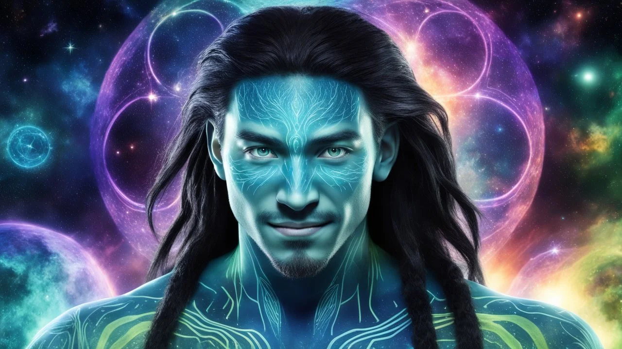 beautiful gorgeous young man na'vi with long hair, Avatar, blue skin, two small ears, green eyes, black hair, in cosmic suit, galactic ambiance, medium pointy goatee , smiling, nebulas and sacred geometry light figures on the backgroud,