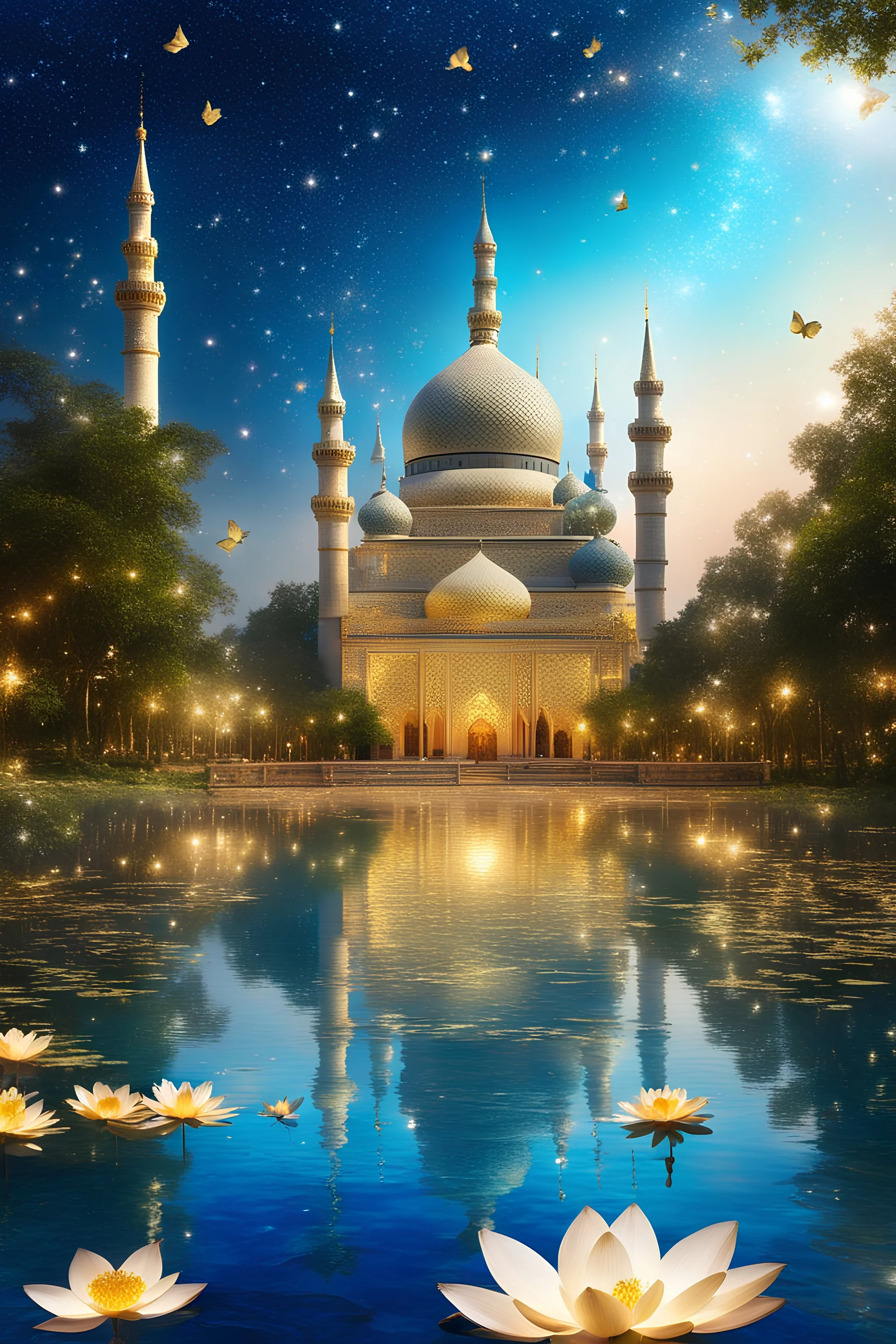 Wonderful islamic Mosque golden shining colors of a magic lake full of lotus flowers and fairytale castle in the background with sparkling white stars tiny electric blue butterflies