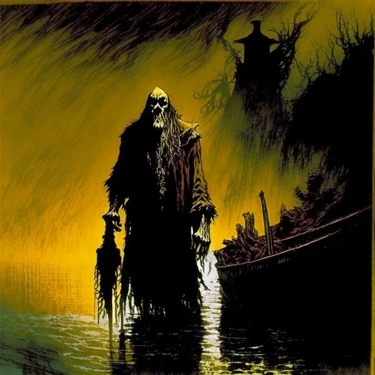 the Ferryman is guiding you the way tonight, moribund blasphemous heretics, (by Ted McKeever:1.4) and by Frank Frazetta and Gustav Dore, brooding horror art, warm colors, unsettling,