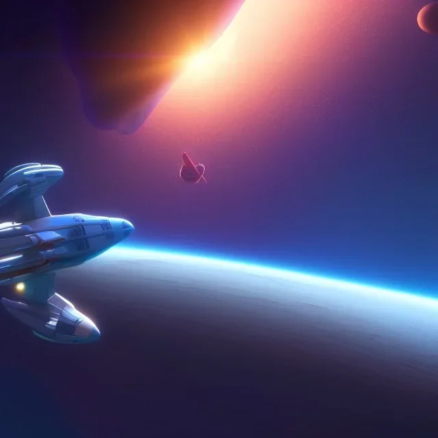  Spaceship with a logo of MaxCorp Flying through a galaxy surrounded by an asteroid belt