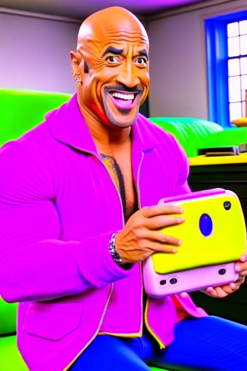 dwayne the rock playing a nintendo switch wearing a kirby costume