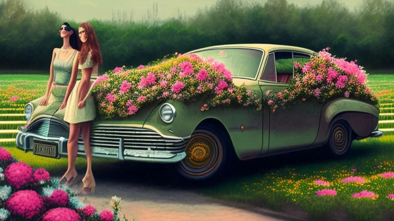 A mysterious place, a classic car, two women, among flowers