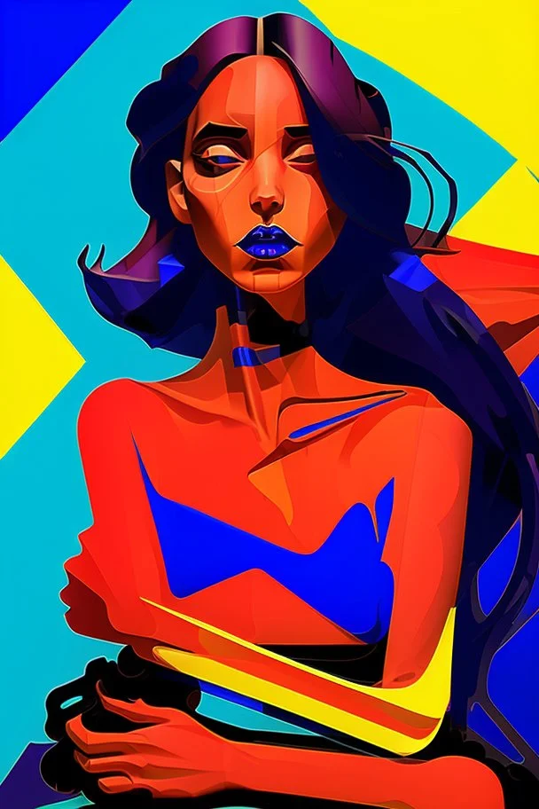 whimsical arafed nonsense stylized abstract portrait of a woman with dark bob hair, seated with arms crossed, (((exaggerated body parts))), (((oversize head))), in vibrant red dress and blue accents around wrists, background is blend of bold yellow and black patchwork vibe, rainy whimsical afternoon, sharp color contrasts, amazing shadows, minimal cozy, color leak, heavily distorted views, amazing parallels