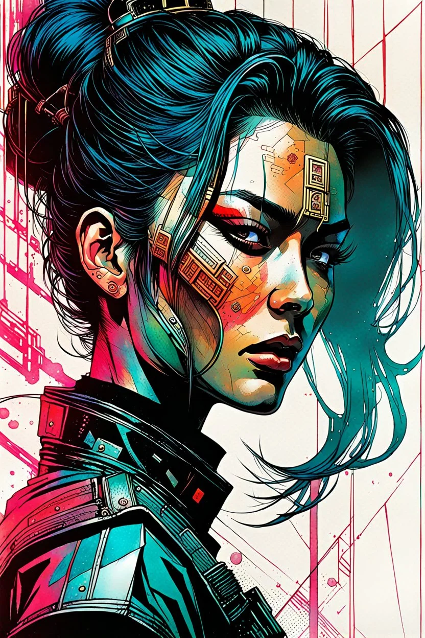 create a highly ethereal, darkly magical surrealist portrait illustration of a cyberpunk samurai female cop, with highly detailed and deeply cut facial features, in a chaotic, turbulent, otherworldly city in the comic art style of BILL SIENKIEWICZ and JEAN GIRAUD MOEBIUS, searing lines and forceful strokes, precisely drawn, inked, and darkly colored