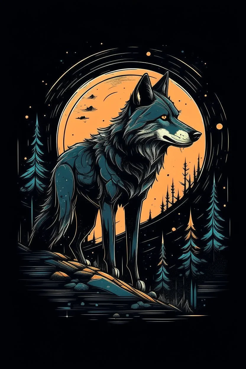 Design an AI logo for a Halloween-themed T-shirt featuring a wolf in the moonlight. Portray the wolf with an eerie glow in its eyes, lurking in a dark forest under the luminous moon. Infuse a sense of spookiness and intrigue, capturing the essence of a Halloween night.