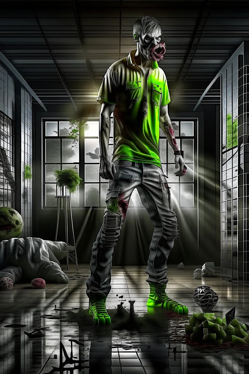 In a sleek, industrial studio setting, a photorealistic 12k ultra-high-definition rendering of a zombie model is captured in a mysterious pose. The zombie, adorned in a shirt made from elephant skin, pants are short ripped skinny pants, shoes are Crocs from elephant skin, thick soles with rollerblades,exudes a sinister aura under the studio's dark and mysterious lighting, creating an unsettling juxtaposition of the undead and the avant-garde."