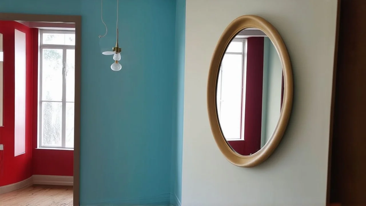 A medium shot of an interior space with a large oval mirror mounted to the right wall. The mirror is filled with different colors and textures. Light blue has been painted across the room, and a red one is on the left of the image. The bottom half of the view shows the door way that is partly closed, from window-top to window-top. In the center, there is a cut-out of 3 light bulbs that are glowing.