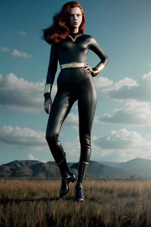 retro portrait image from 1960, sky background, wind, long red hair, fighting stance, sweet young Scarlett Johansson, black dress, classic long tight lycra black suit, gold bracelet and belt, high heel boots, superhero style, soft color, highly detailed, unreal engine 5, ray tracing, RTX, lumen lighting, ultra detail, volumetric lighting, 3d, finely drawn, high definition, high resolution.