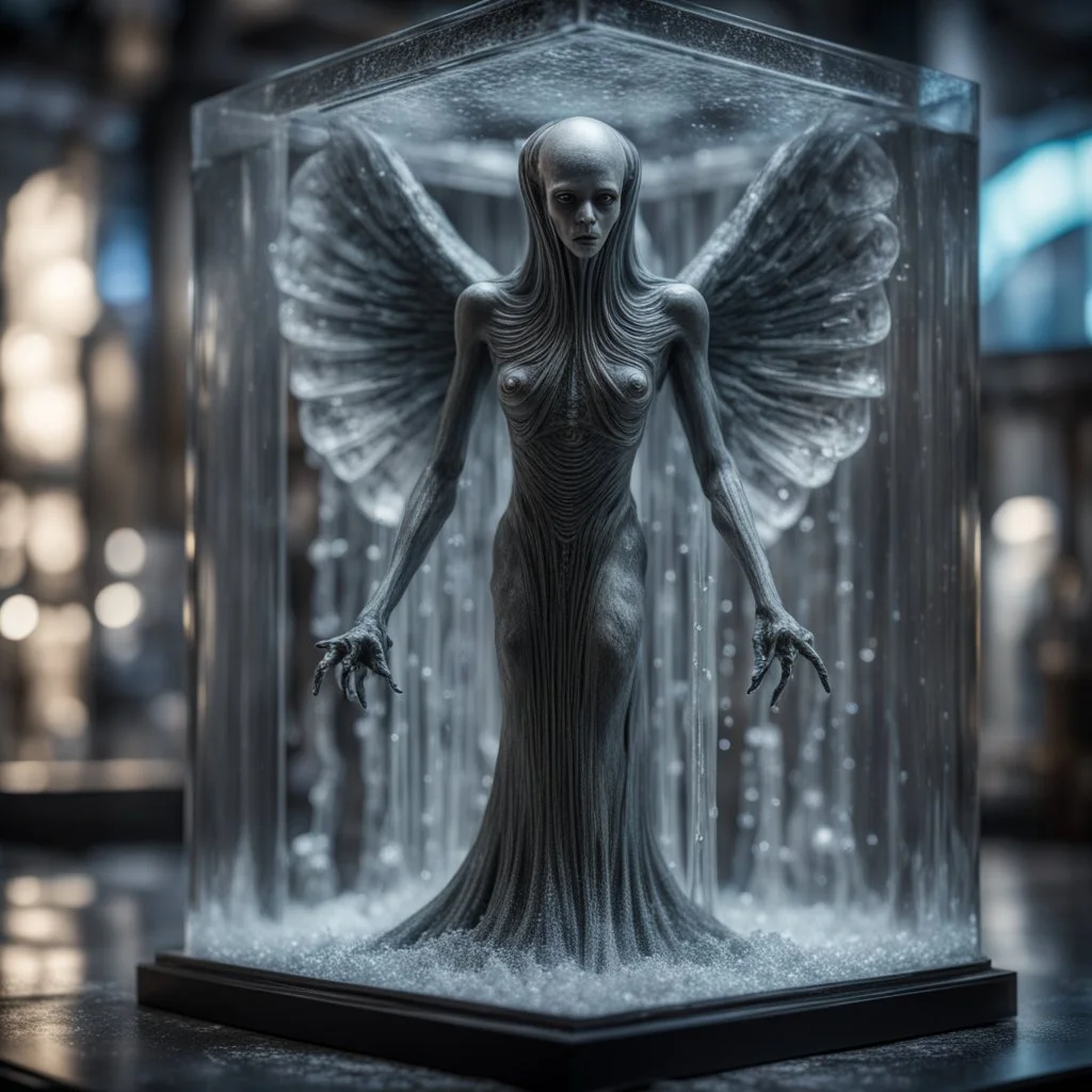 giger escher angel maruk illithid sculpture in transparent murano glass beeing sprinkled by fountain inside frozen glass box,bokeh like f/0.8, tilt-shift lens 8k, high detail, smooth render, down-light, unreal engine,bokeh like f/0.8, tilt-shift lens 8k, high detail, smooth render, down-light, unreal engine