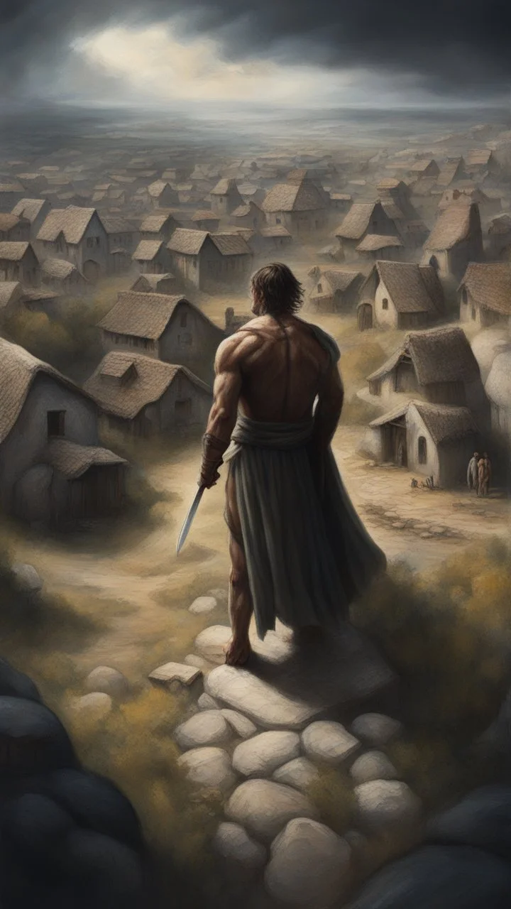 Busch nightmares paining style, thin line draw ,Title:a giant man looks like a hero holding a sword , a top view of a Stone Age village , 8k artistic photography, photorealistic concept art, soft natural volumetric cinematic perfect light, chiaroscuro, award-winning photograph, masterpiece, oil on canvas, Raphael, Caravaggio, Greg Rutkowski, people, beksinski, Giger