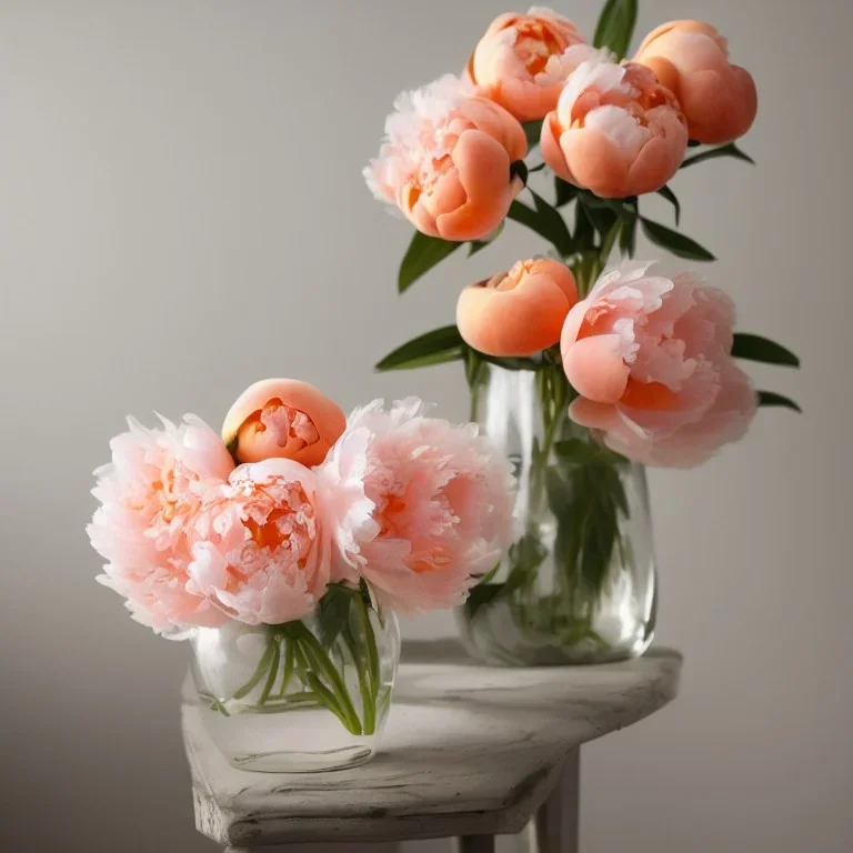 cinematic shot of peonies made from peach tulle in a glass bowl, warm lighting, soft lighting, sunbeam, linen