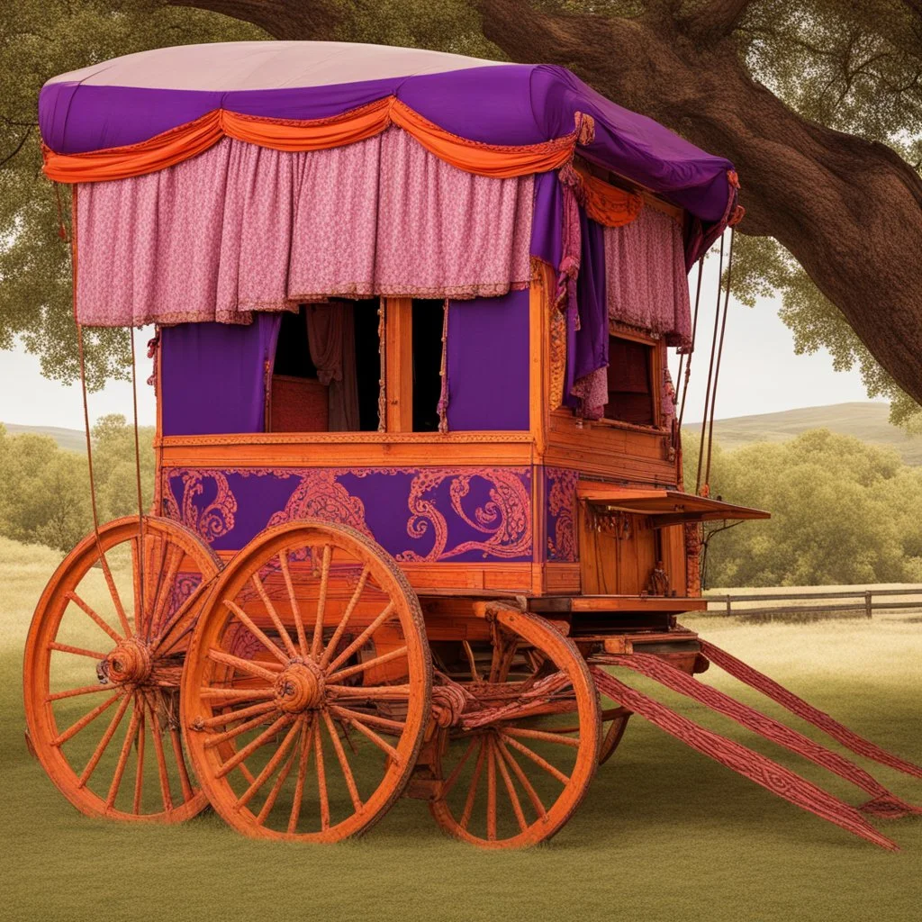 Old fashioned purple, orange and pink gypsy wagon decorated, curtains fluttering in the wind