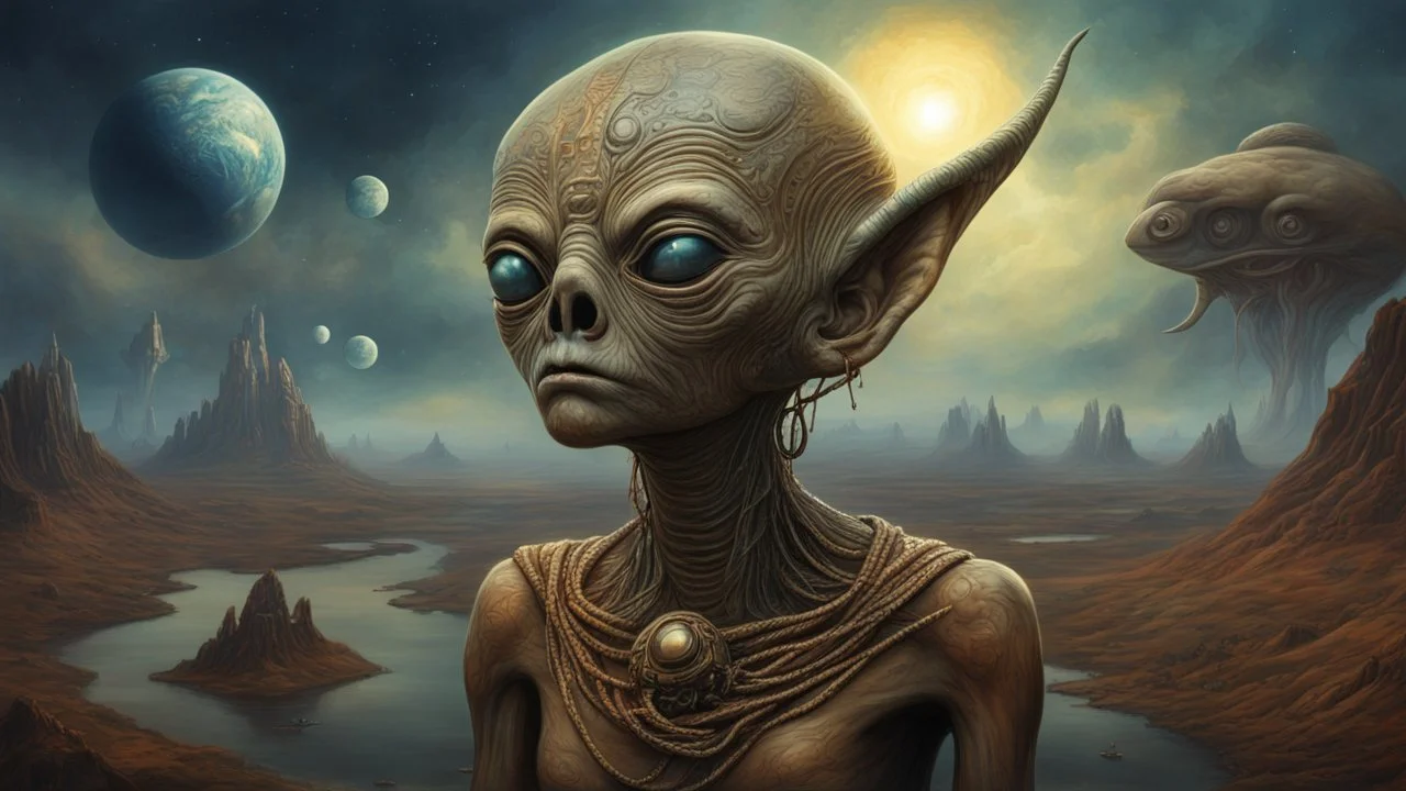 ancient mystic alien telling earth prophecy to mixed alien population realistic, photorealistic technological, art by , Esao Andrews Stefan Kostic, in the style of , Deviant art Star wars, natural lighting dusk, wise old , intricate details fine details trending on artstation reflections post-processing HDR