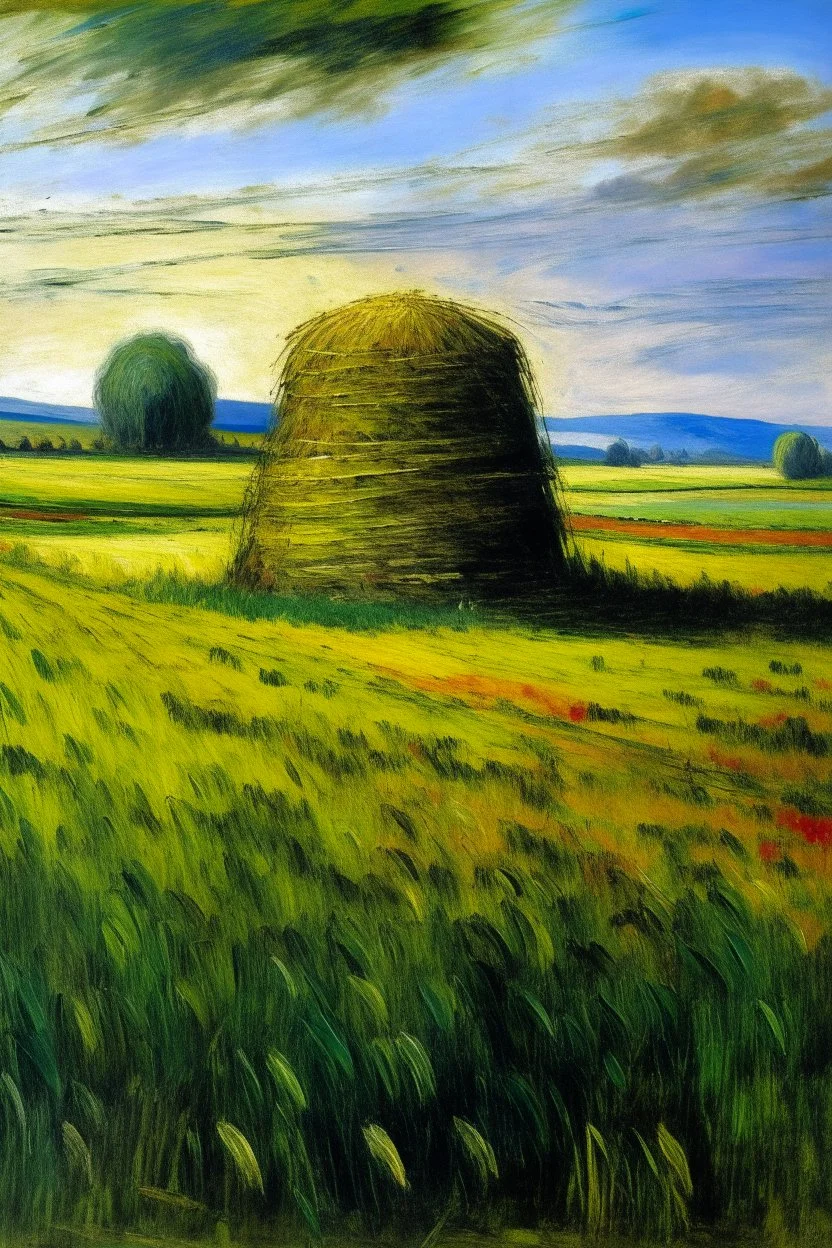 A grassy plain filled with haystacks painted by Claude Monet