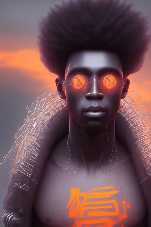 3D render of a cyberpunk tribal young black man, black afro hair, ragged shirt, on a orange dune background, digital art