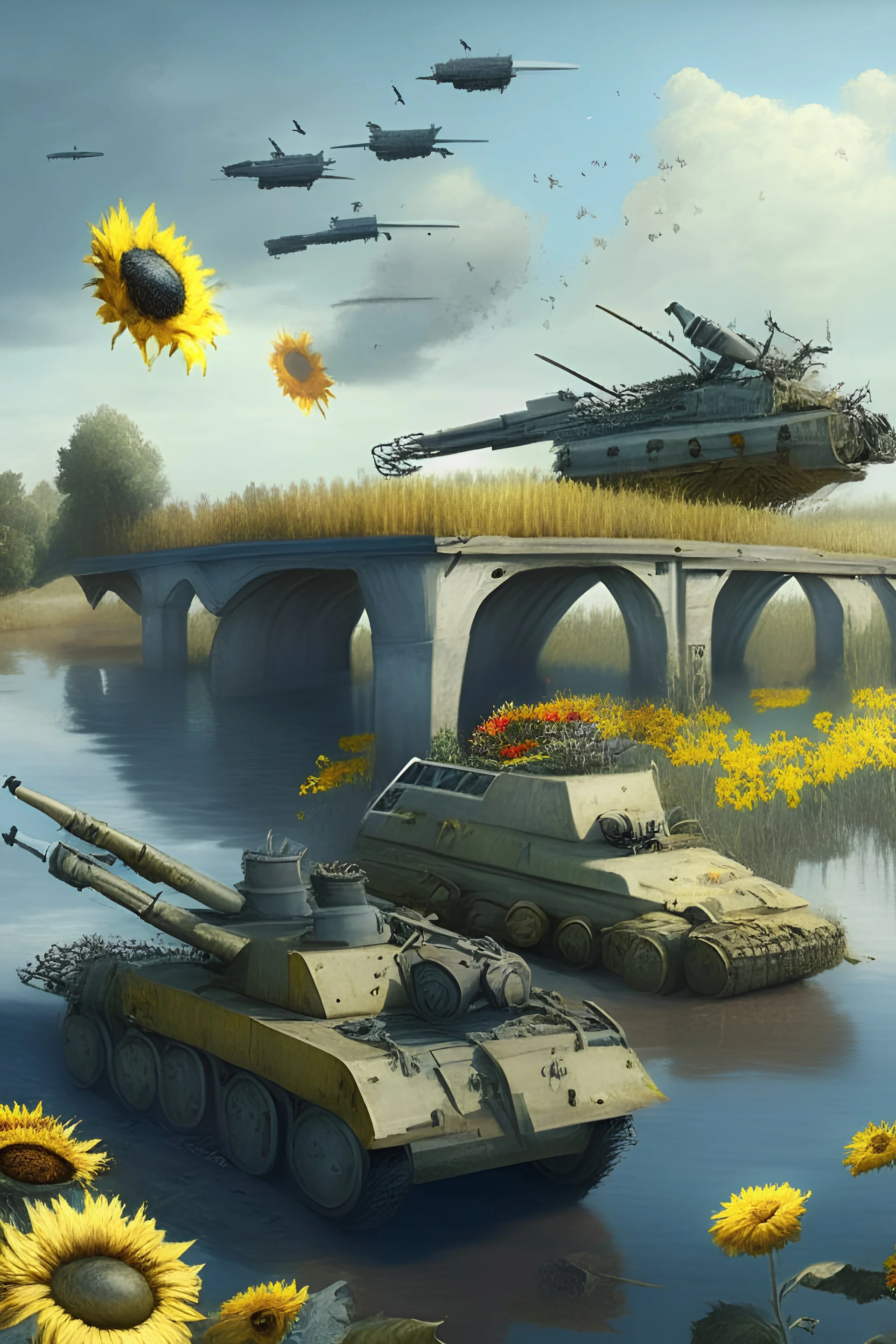 all kinds of guns and missiles in gray lake with bridge of sunflowers and tanks