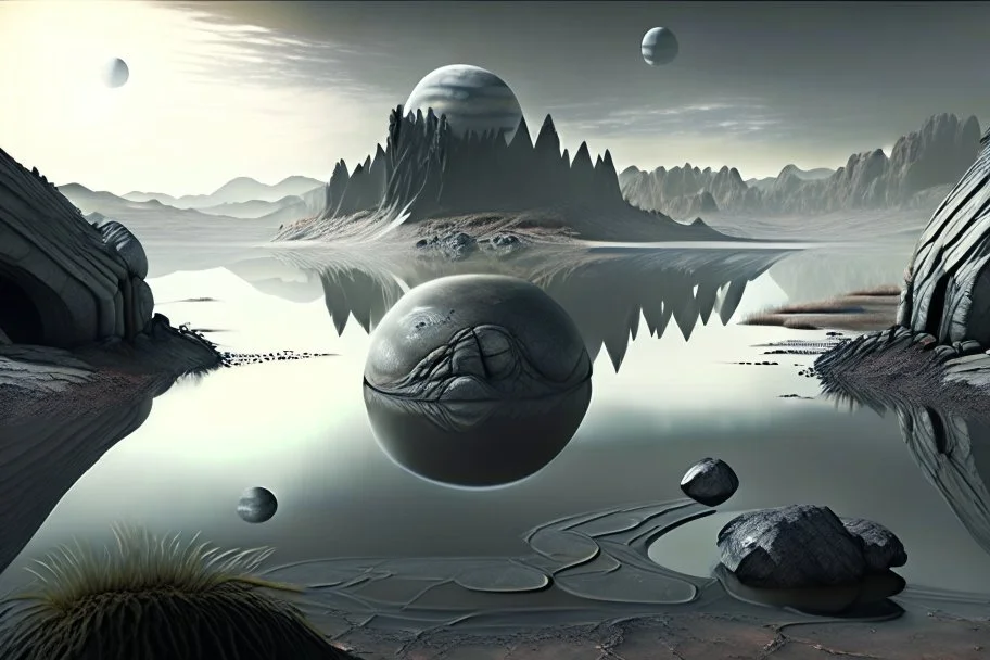 one grey exoplanet, pond, rocky landscape, sci-fi