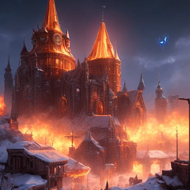 Intricately detailed, Unreal Engine, Hell fantasy artwork, nightsky, blue, black, fields, abandoned buildings, ruins, cottage, gothic castle, metal, gold, silver,