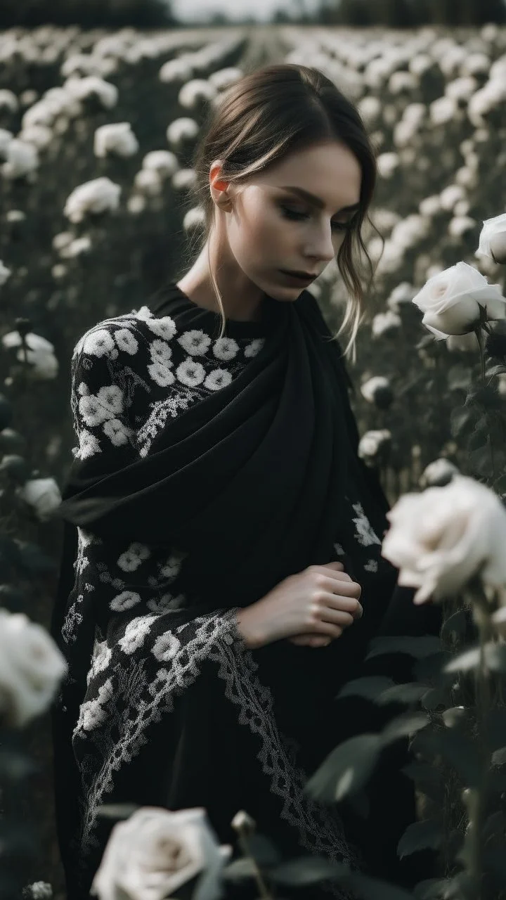 black lace scarf in a field of white roses.cinematic picture