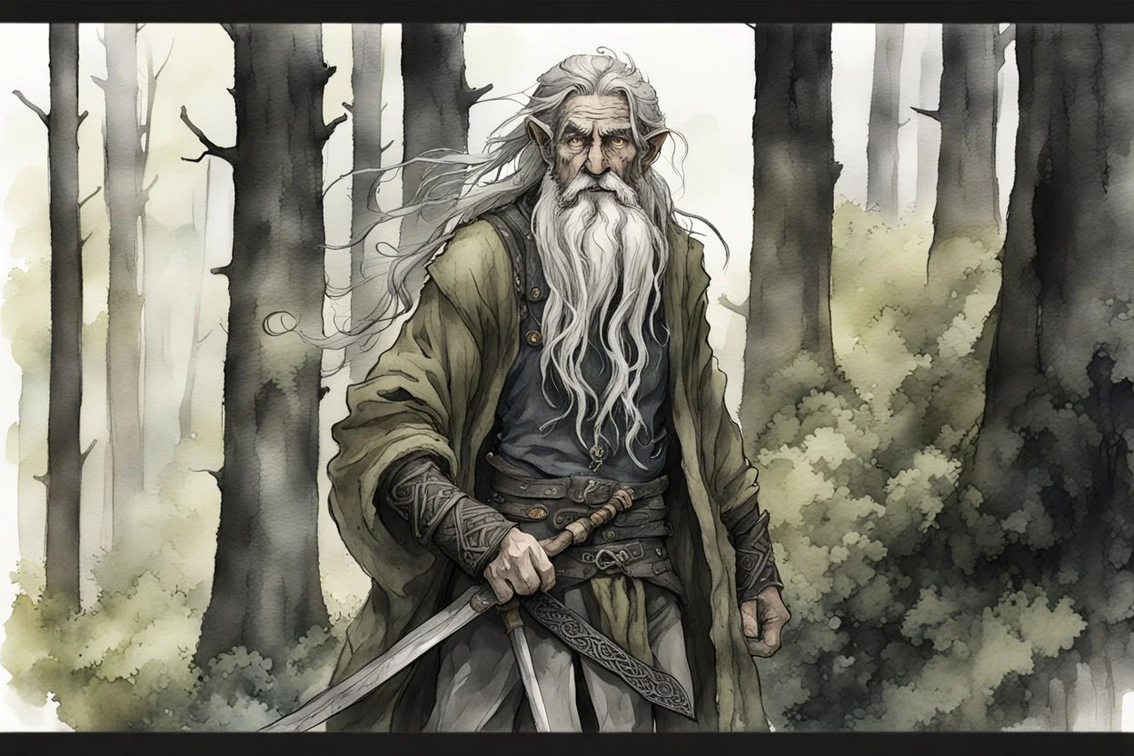 ink wash and watercolor illustration of an ancient grizzled, gnarled elf vagabond wanderer, long, grey hair streaked with black, highly detailed facial features, sharp cheekbones. His eyes are black. He wears weathered roughspun Celtic clothes, emaciated and tall, with pale skin, full body , thigh high leather boots within a forest of massive ancient oak trees in the comic book style of Bill Sienkiewicz and Jean Giraud Moebius , realistic dramatic natural lighting