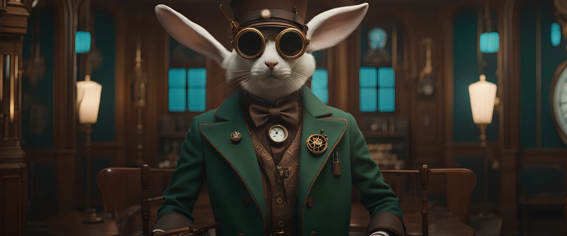 High-end state-of-the-art STEAMPUNK aesthetics flawless, a white Rabbit scientist, symmetrical Four-dimensional space 4D cosmos, close-up shot, realistic, hard light chiaroscuro, realistic,Highest quality telescopic Zeiss Zoom lens, supreme cinematic-quality photography,walnut wood green clothes blue, Art Nouveau-visuals,Vintage style Octane Render 3D technology,hyperrealism photography,(UHD) high-quality cinematic character render,Insanely detailed close-ups capturing beautiful complexity