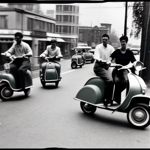 Old 1950s photo of people driving a scooter