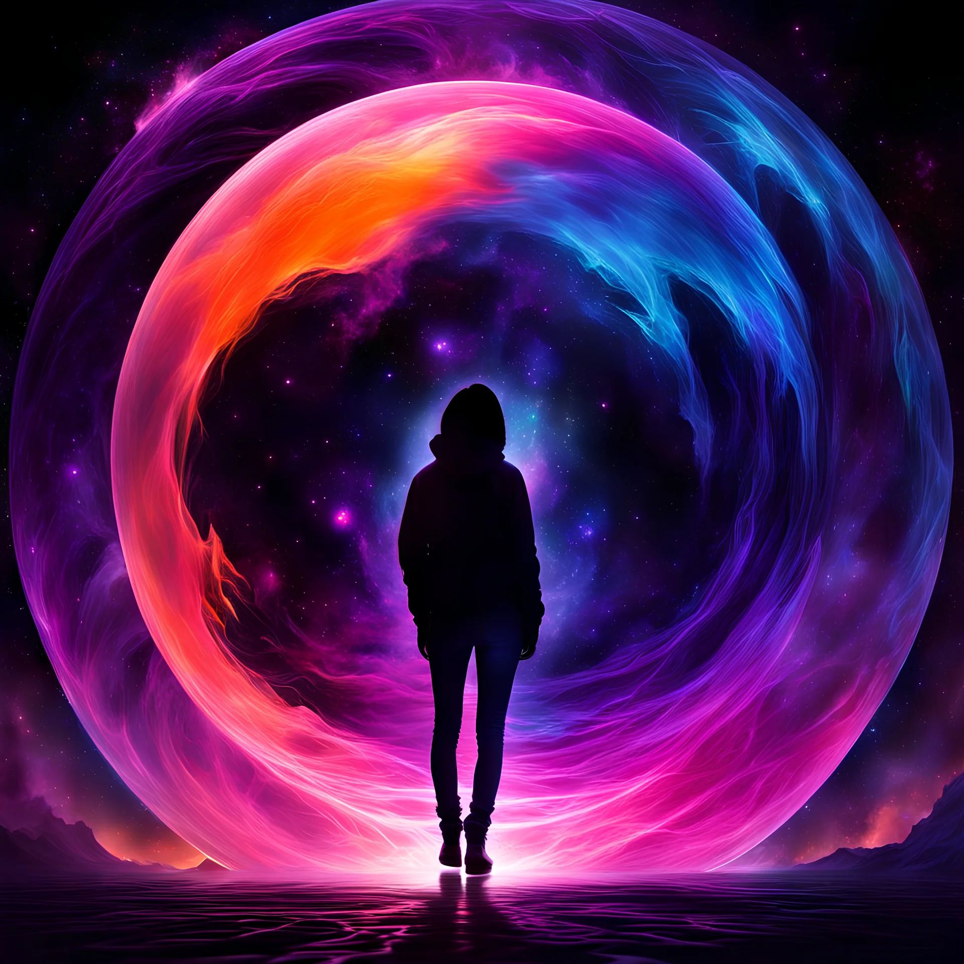 An orb composed of shimmering pink, purple, orange, and blue plasma containing the striking silhouettes of a handsome man wearing jeans and a hoodie and sexy woman wearing a sundress in a loving embrace is surrounded by a terrifying oily black void