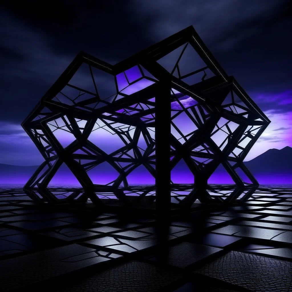 a large dark black 3D hexagon structure with a neon purple outline floating high above a desolate monochrome landscape