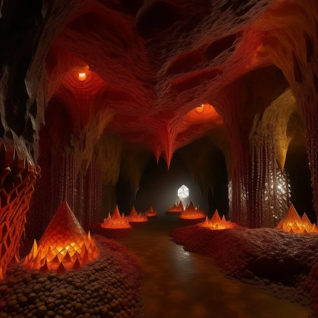 A grayish red cave filled with amber spikes designed in Mehndi design