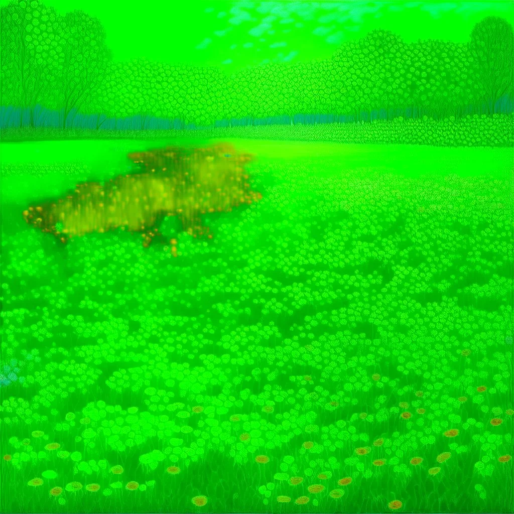 A neon green field with copied flowers painted by Georges Seurat
