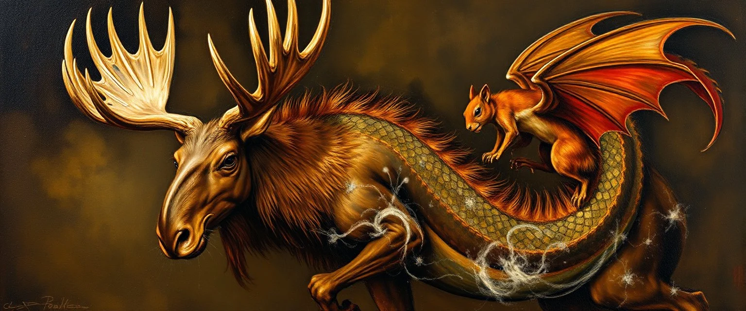 master oil painting by Rembrandt, moose squirrel dragon, Dali