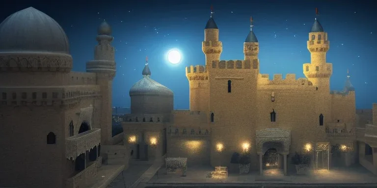 middle east castle , night , cloud in the sky , full moon , bird in the sky,fire place in the bazaar , high resolution, super realistic, unreal engine, cinematic lighting,