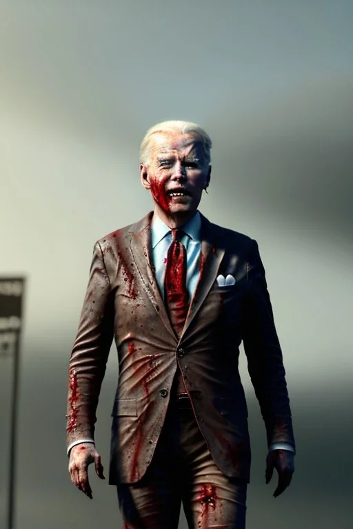 Ultra realistic image, joe biden zombie, zombie performance, blood, torn arm, night, walking twisted, waist up view, dark ambient, highly detailed, sky background, concept art, unreal engine 5, god rays, ray tracing, RTX, lumen lighting, ultra detail, volumetric lighting, 3d, finely drawn, high definition, high resolution.