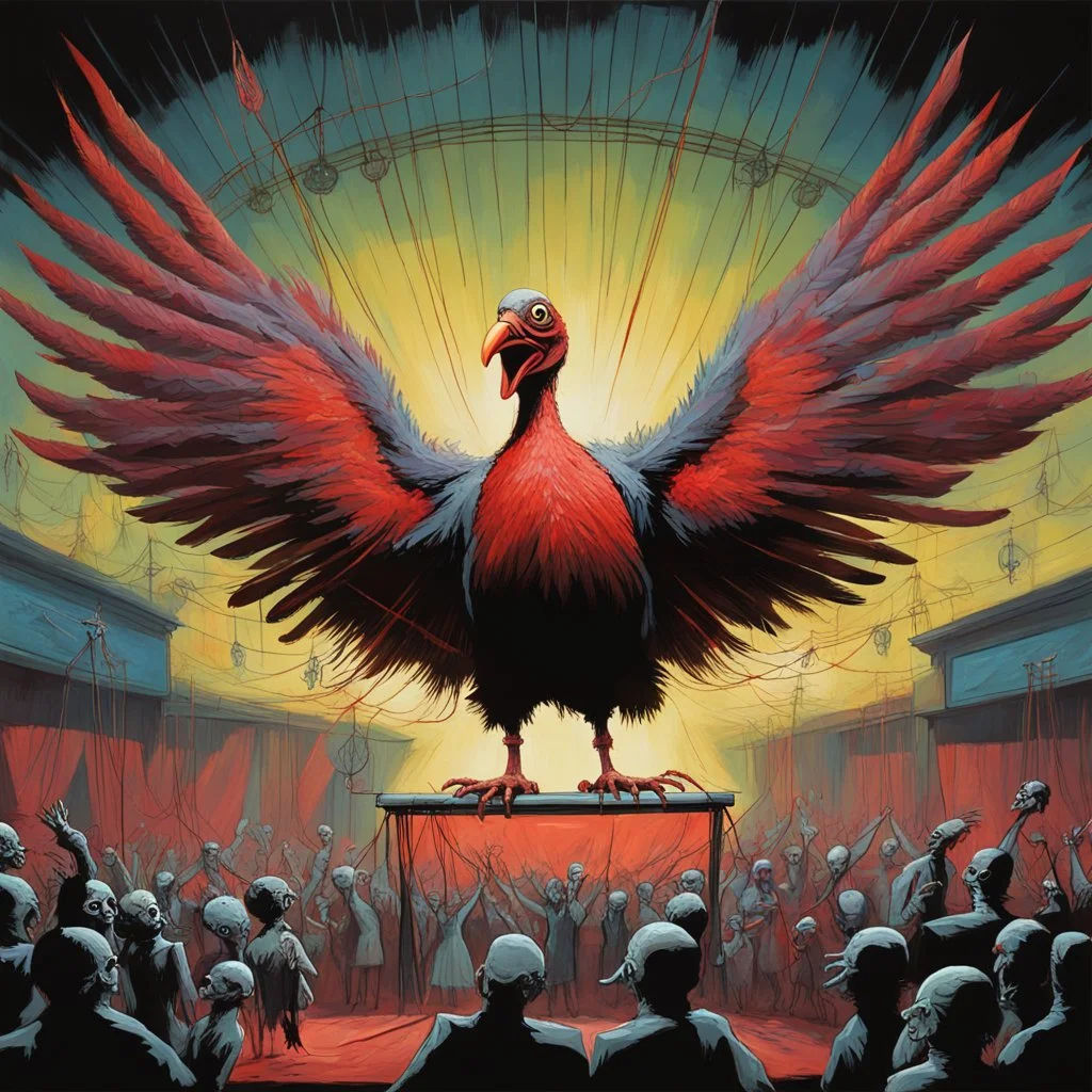 Surreal sinister evil turkey with its wings splayed wide looms above a stage where anthropomorphic zombie turkey puppets connected to visible puppet strings crazily dance, surreal, minimalist, sharp colors, dramatic, modern horror comic book art, matte oil painting, backlighting, eerie, by George Herriman.