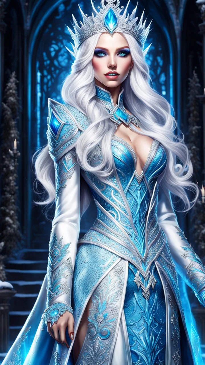 Full body de hermosa y malvada reina del hielo, pelo blanco, ojos azules luminosos, vestimenta intrincada, hiperdetallada, calidad ultra, increíble obra de arte, full body