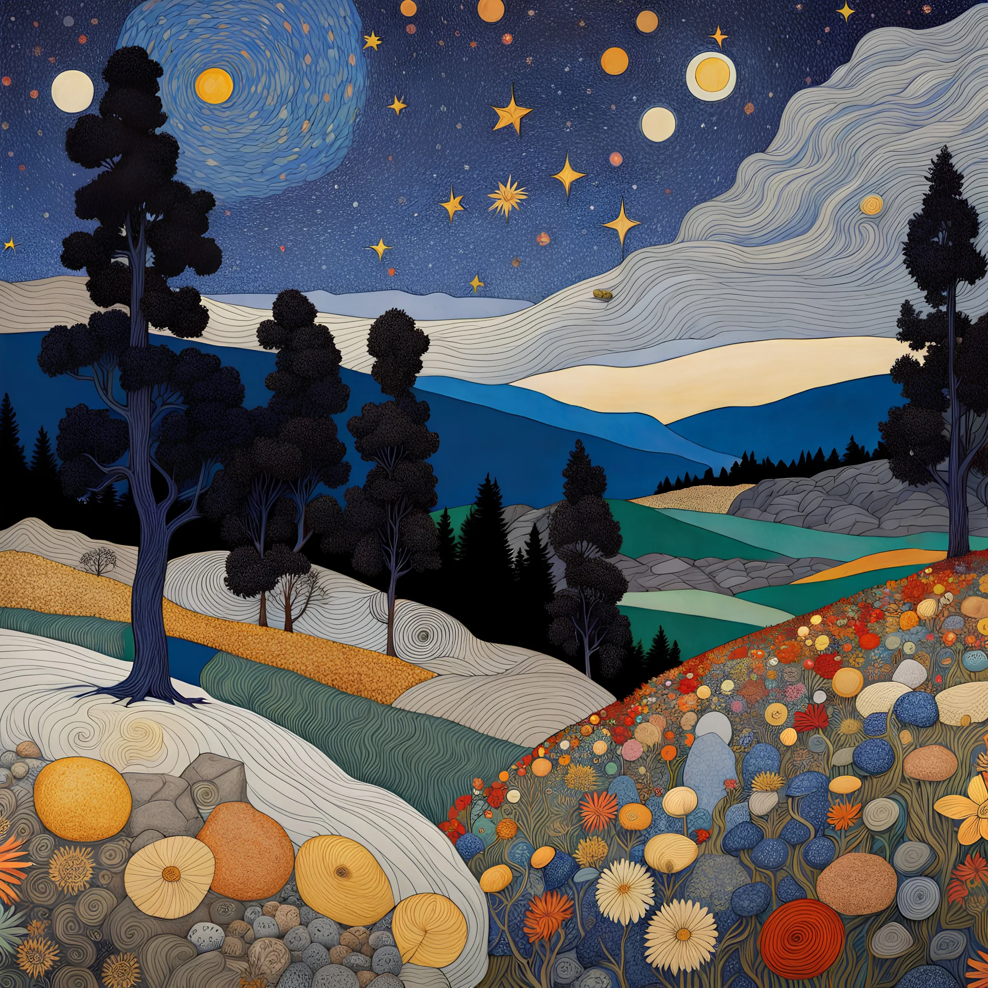 Colourful, peaceful, Egon Schiele, Max Ernst, Gustav Klimt, Vincent Van Gogh, night sky filled with galaxies and stars, rocks, trees, flowers, one-line drawing, sharp focus, 8k, deep 3d field, intricate, ornate