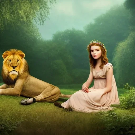 Young beautiful girl sitting next to a large, majestic, stunning lion on nature forest path, floral crown on girl, Chronicles of Narnia, 8k resolution, high-quality, fine-detail, iridescent, intricate, digital art, detailed matte, volumetric lighting, beautiful, illustration, 3D octane render, brian froud, howard lyon, selina french, anna dittmann, annie stokes, lisa parker, greg rutowski,