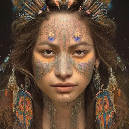 Insanely detailed photograph of an “portrait of gorgeous native american goddess ” with intricate hair, intricate embroidered dress, beautiful clear face and hyperdetailed painting by Ismail Inceoglu Huang Guangjian and Dan Witz CGSociety ZBrush Central fantasy art album cover art,8K, hdr, romantic, mysterious, ominous, flowers, jewelry, comfort, natural eyes, "arms open for embrace"