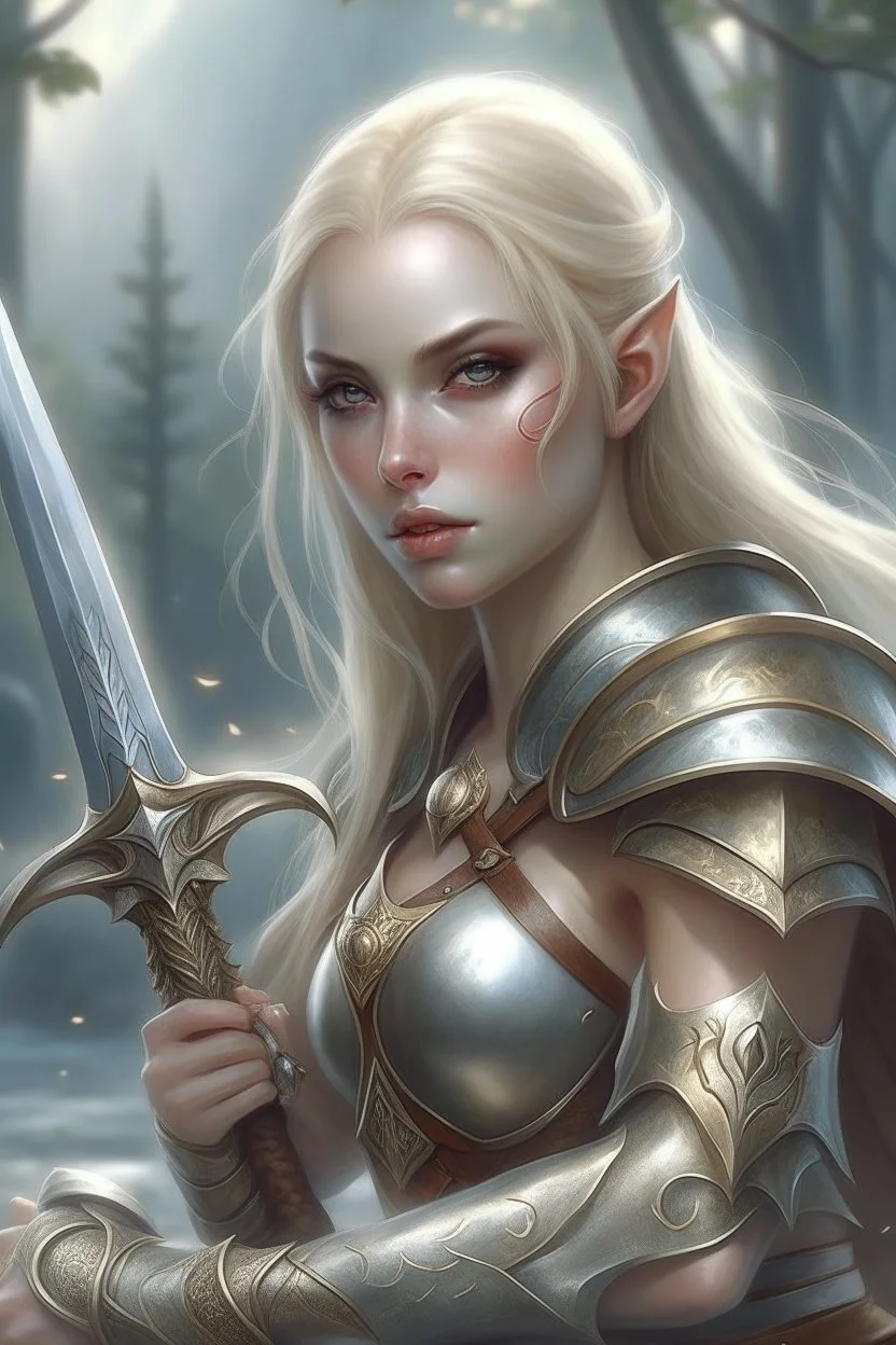 pretty woman, warrior, elf, blonde hair, fantasy, Skyrim, conventionally attractive, fighter, sword, elder scrolls, young, maternal, sexy, soft