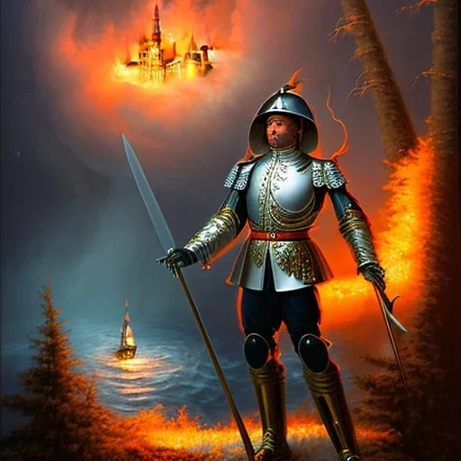 slain army general with morning stars in front of a skewed house on fire in a hurricane, upper body of orange devil with spear, thick forest