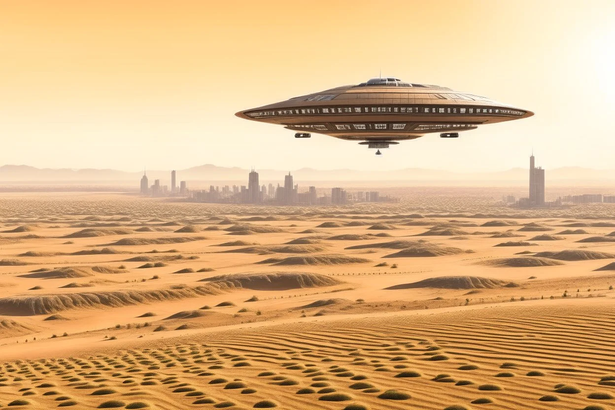 spaceship flying low over a desert city