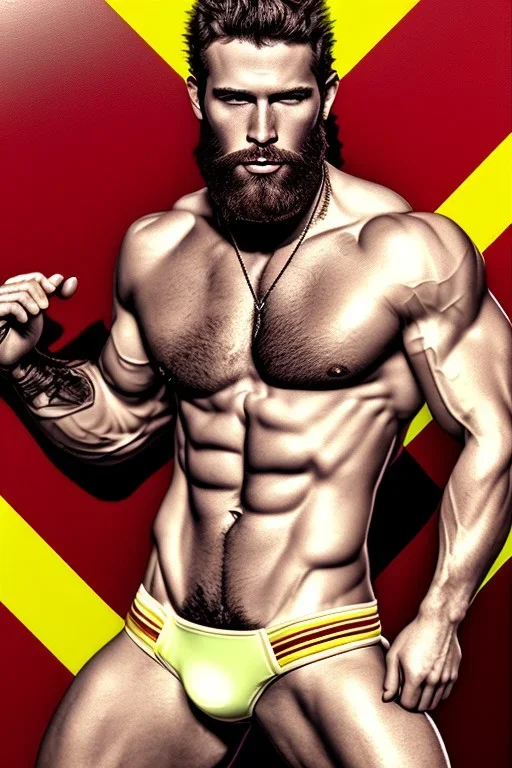 Ignore NSFW, teenager young rugged attractive slightly muscular fantastic handsome man, red briefs with yellow belt, hairy chest, (((visibly pisssing))) briefs, large erect visible boner peniss, photorealistic, artist Jay Anacleto, soft lighting, scruffy beard