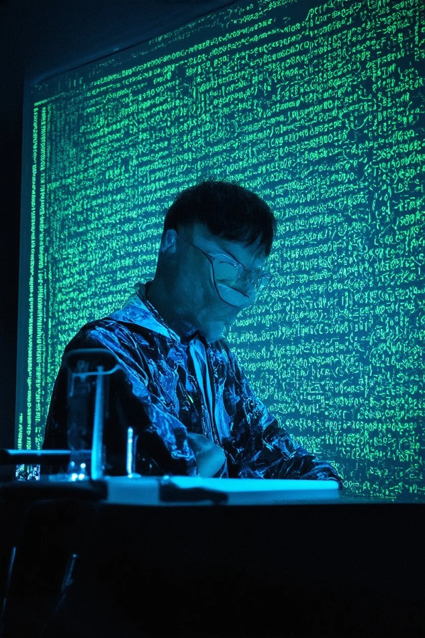 cypher punk silhouette mining code in a Tokyo lab