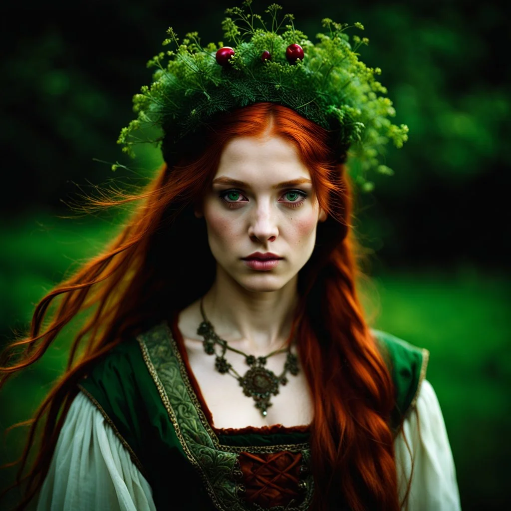 Portrait of a young peasant girl aged 18, forward facing. long red hair and green eyes. dark fantasy.